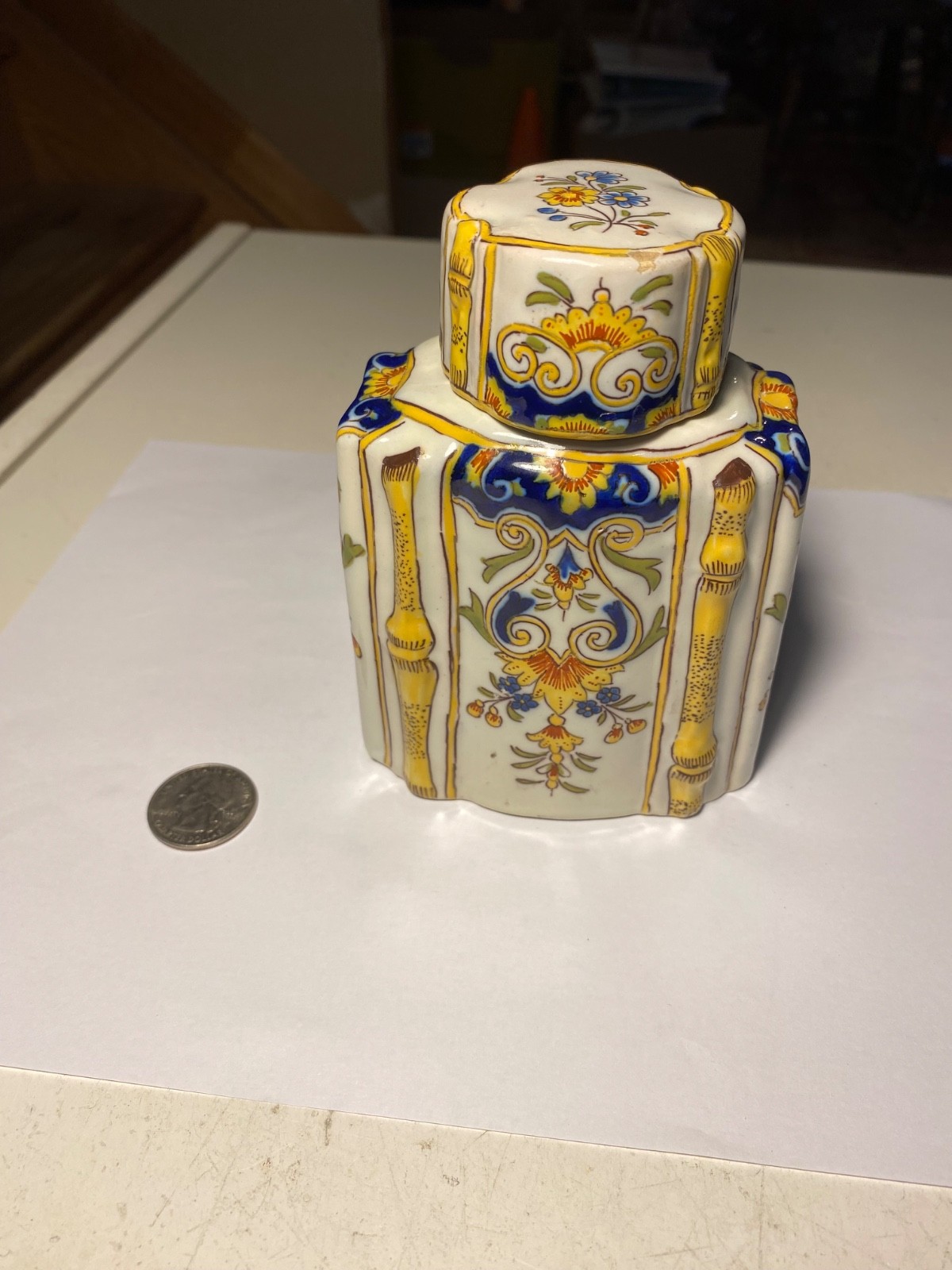 Antique Porcelain Tea Caddy Signed Rouen Majolica Faience French