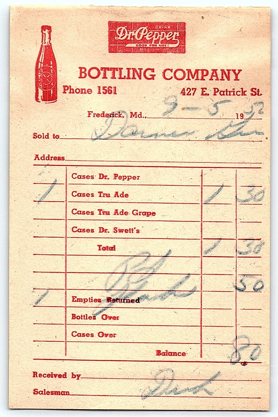 1952 Dr. Pepper Bottling Co. Frederick MD Billhead Receipt