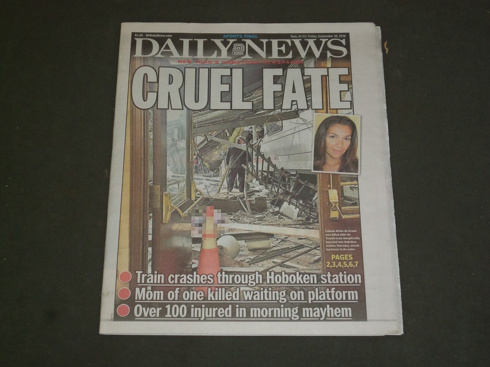 2016 SEPTEMBER 30 NEW YORK DAILY NEWS - NJ TRANSIT HOBOKEN TRAIN STATION CRASH