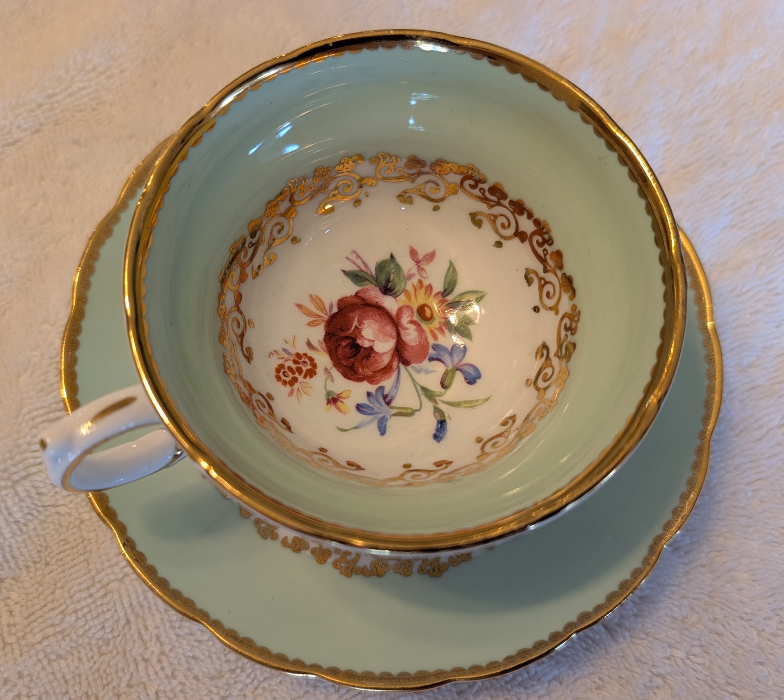 RARE Vintage Grosvenor Fine Bone China Teacup and Saucer - Mint Green Floral