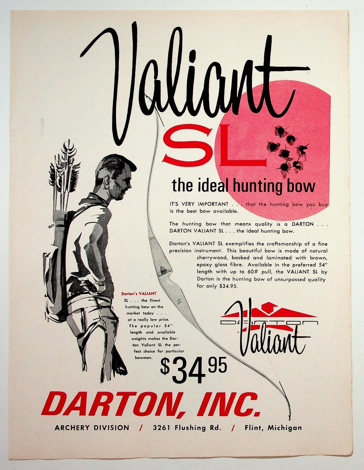Vintage Darton Valiant SL Hunting Bow Archery Ad Flint Michigan Ephemera