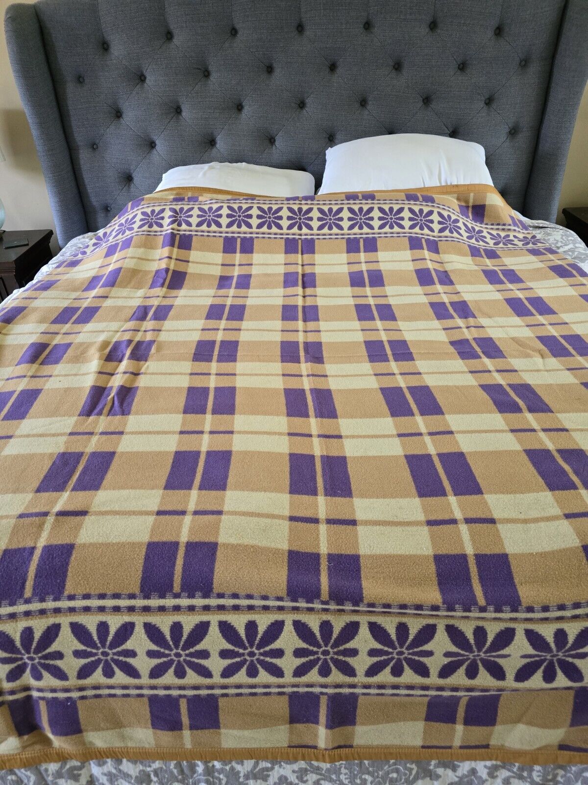 Vintage 1940s Era Camp Blanket Reversible Purple Tan Cotton Wool Estate 77x68