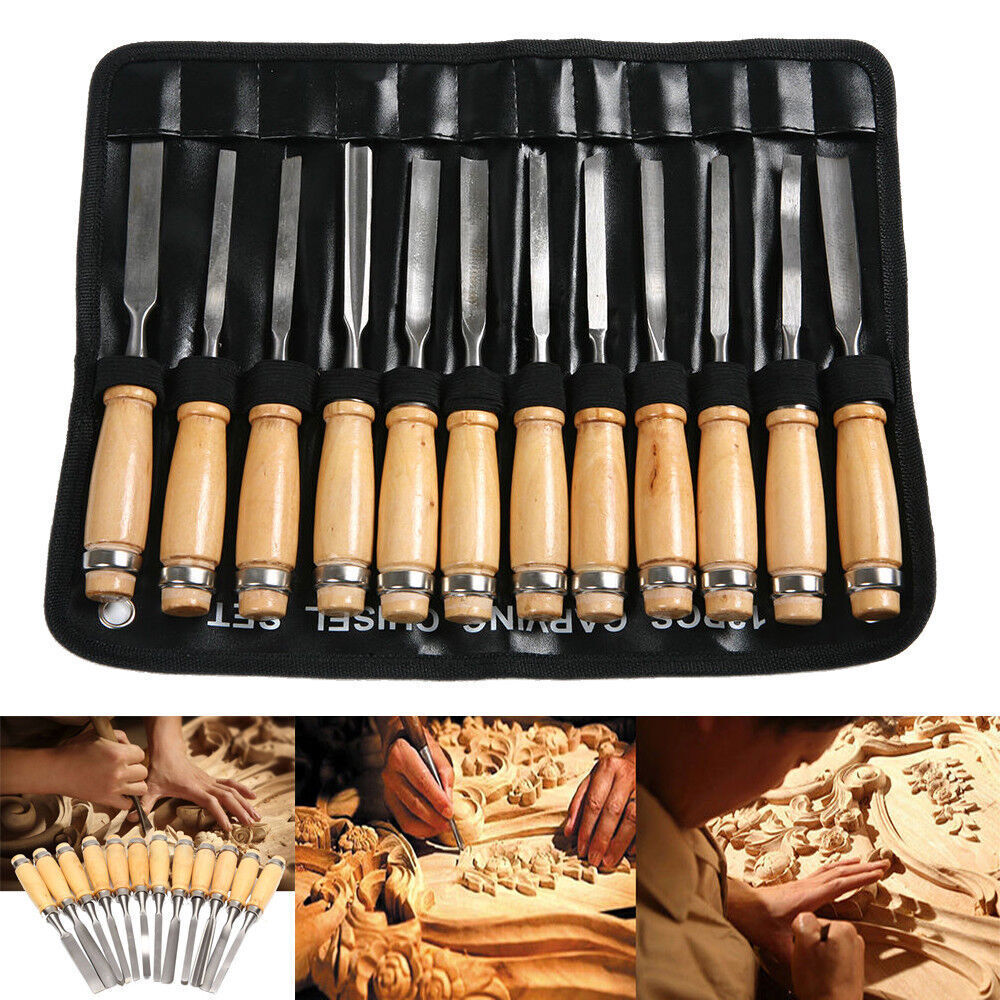 12Piece Steel Wood Carving Hand Chisel Set Woodworking Lathe Gouges Tools
