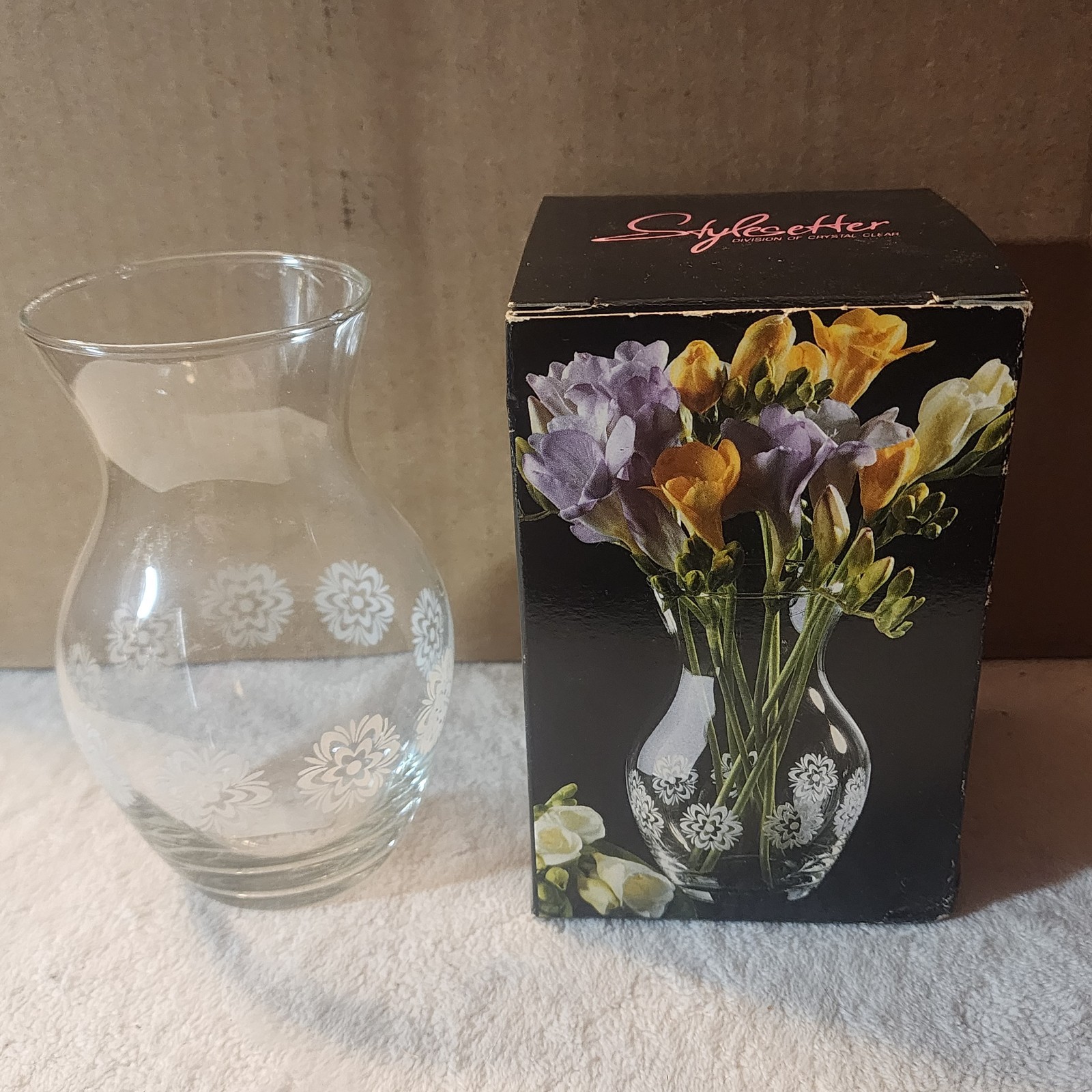 VTG NOS Stylesetter Bud Vase Decorated Crystal 5 1/2 inches Tall Boxed