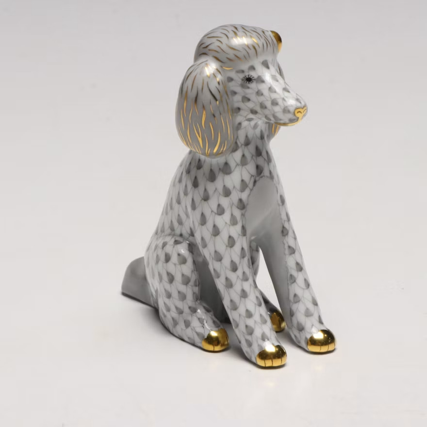 Herend Poodle Gray Fishnet Gold Bow Porcelain Figurine 16071 SVHG Hungary