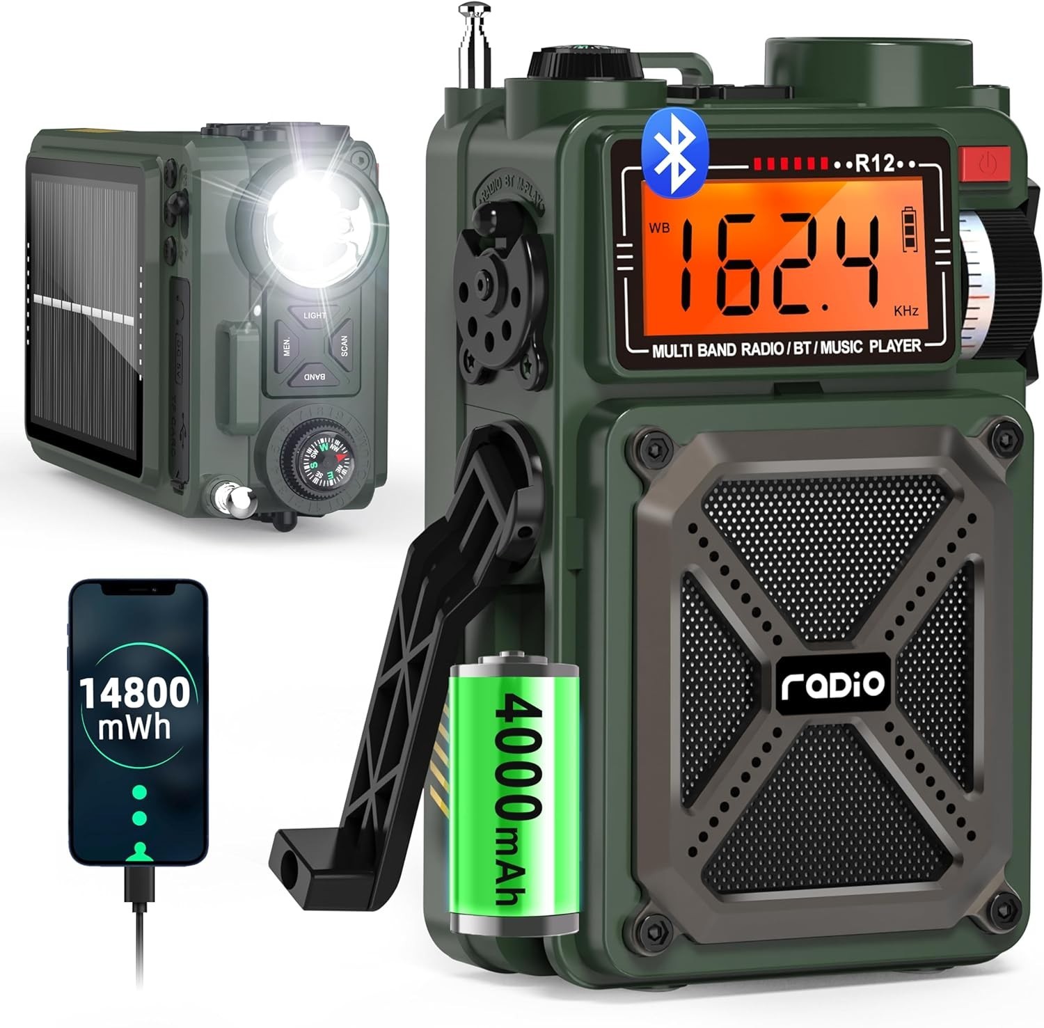 14800mWh AM/FM NOAA Weather Radio with Bluetooth 5.4, Charger Pack, Emergency