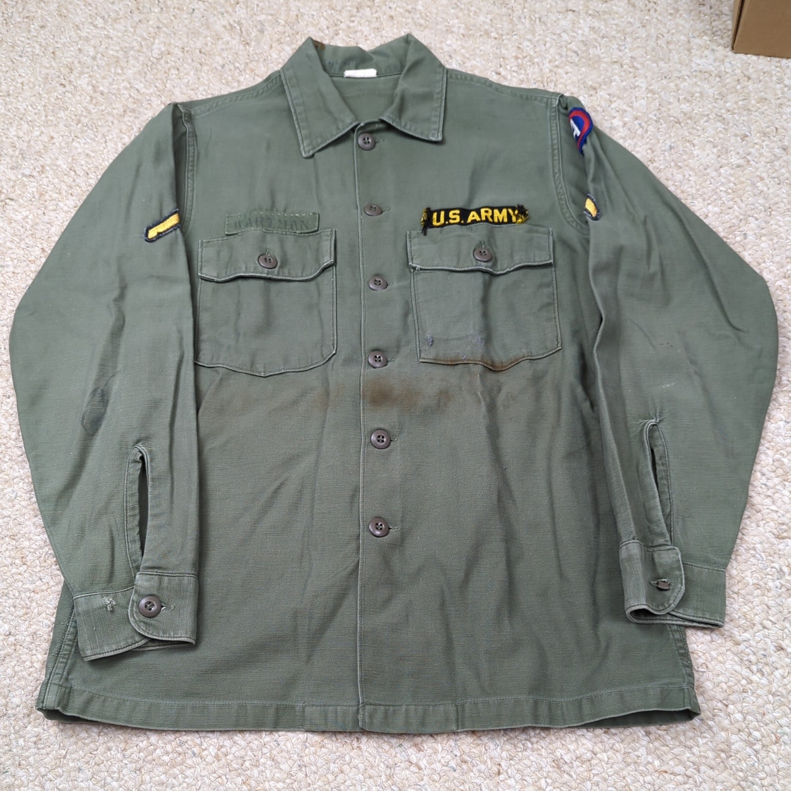 Vietnam OG 107 Sateen Shirt Mens 15.5 Green 1966 US Army Button Shirt Named