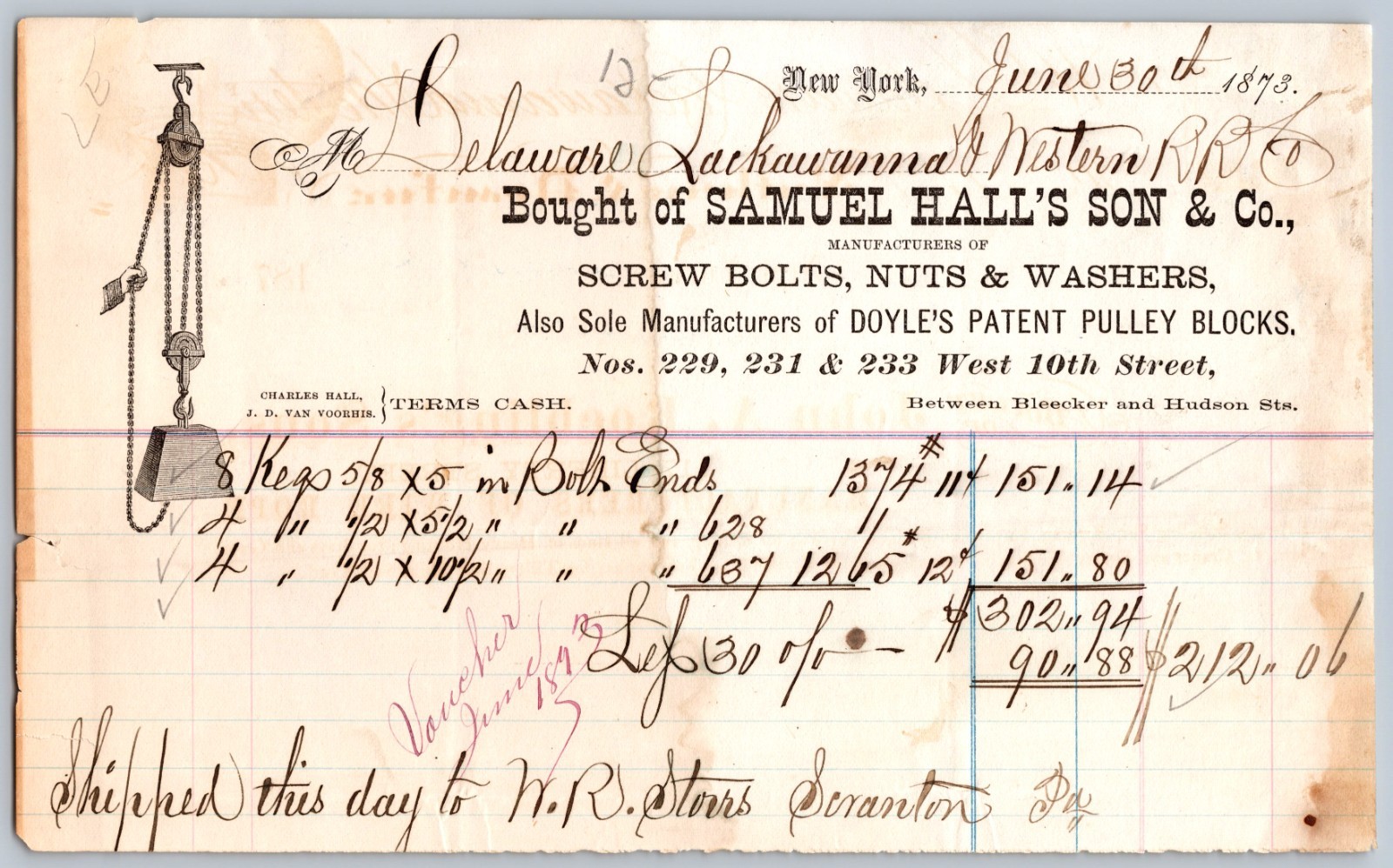 1873 adv. billhead SAMUEL HALLS SON SCREWS BOLTS NUTS WASHERS west 10th NEW YORK