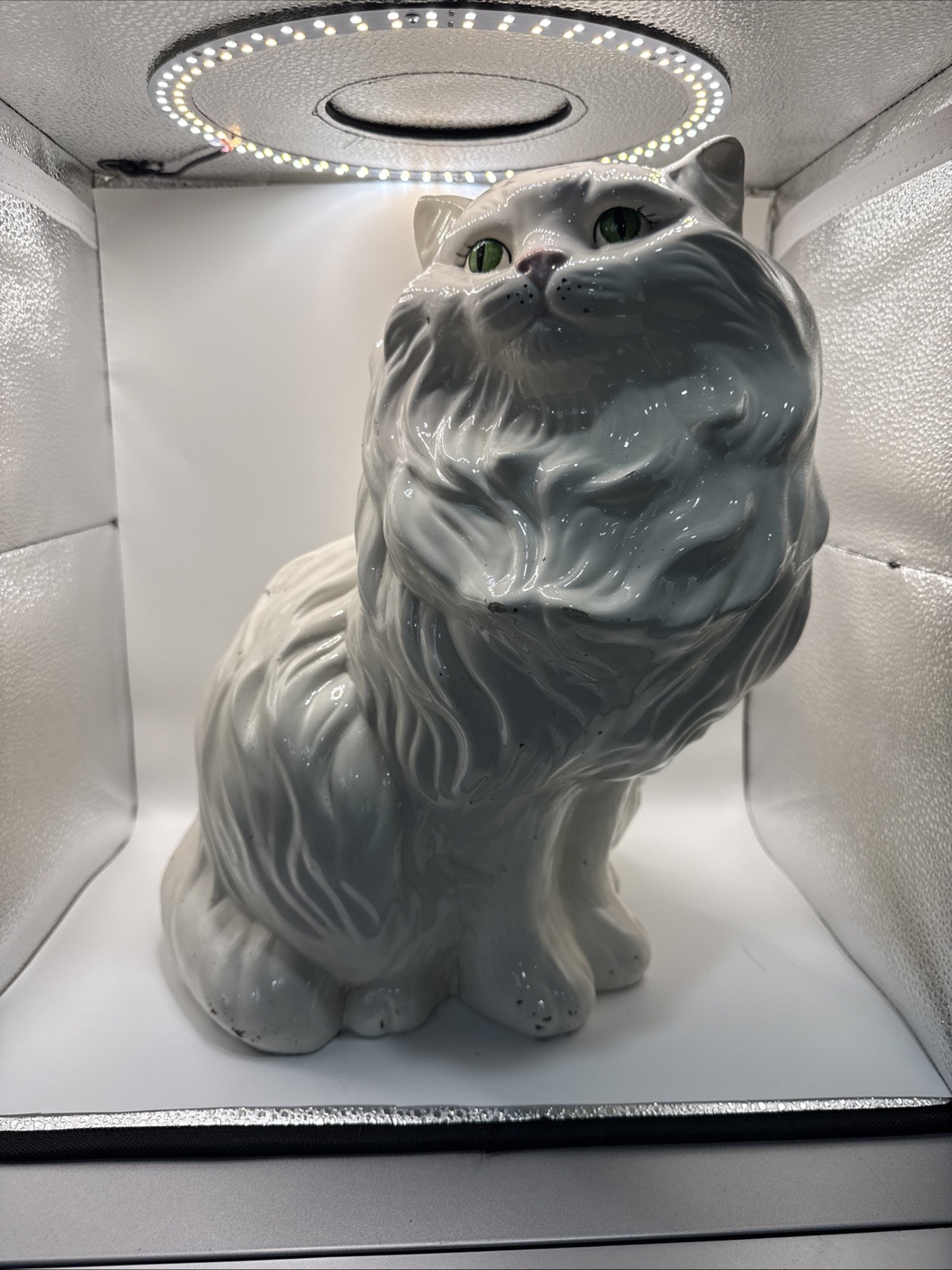 Vintage 1980 MCM Persian Large White Ceramic Cat Green Eyes Sitting Statue 14” Vintage 1980 MCM Persian Large White Ceramic Cat Green Eyes Sitting Statue 14”