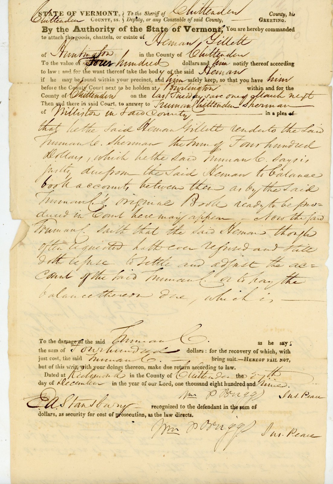 1839 Vermont Attachment Writ — Truman C. Sherman v. Heman Gillett, Chittenden Co