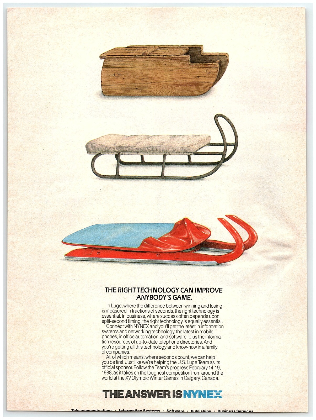 1988 NYNEX Print Ad, Ski Sleds Vintage & Modern Winter Olympics Calgary Canada