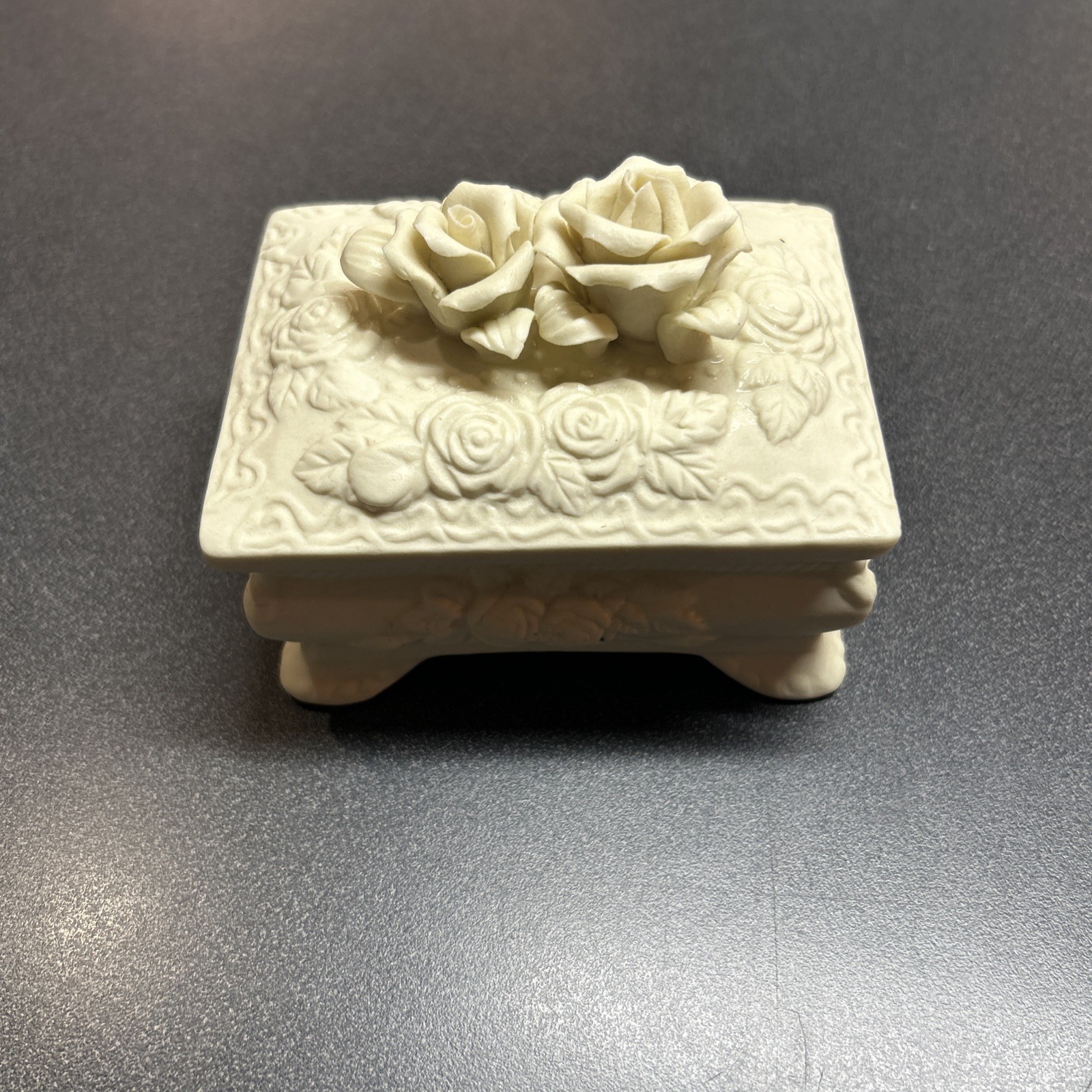 Vintage White Porcelain Roses Scolls Trinkets Jewelry Box 90s Cottage Core