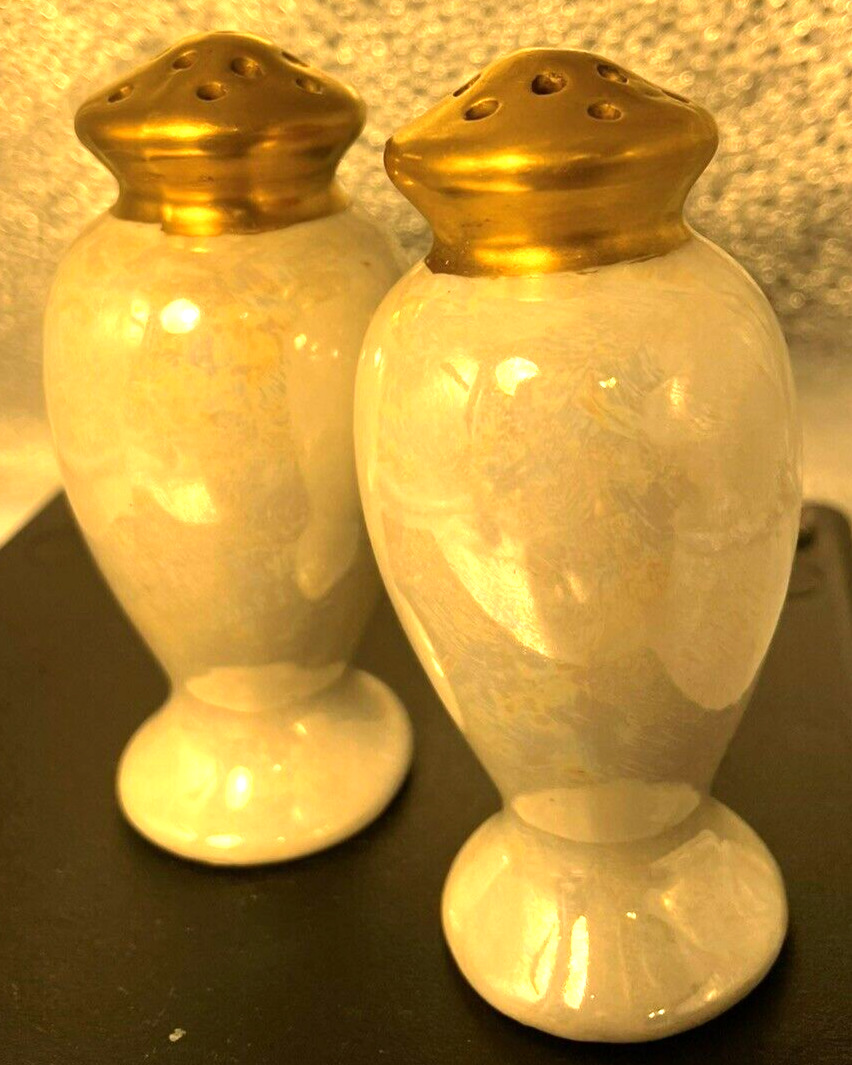 Lusterware Salt And Pepper Shakers Pearlescent Pearl China Gold top only 1 cork