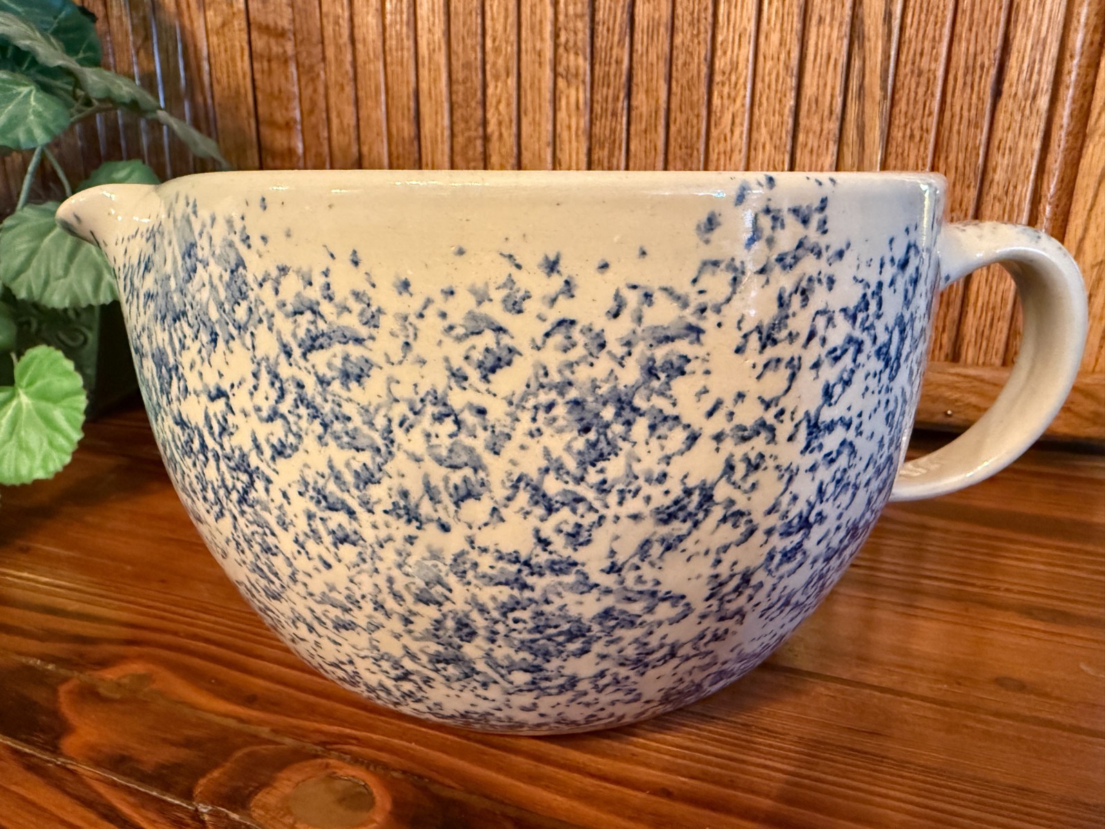 Vintage Blue Spongeware Batter Bowl Mixing Bowl Double Pour Spout Stoneware