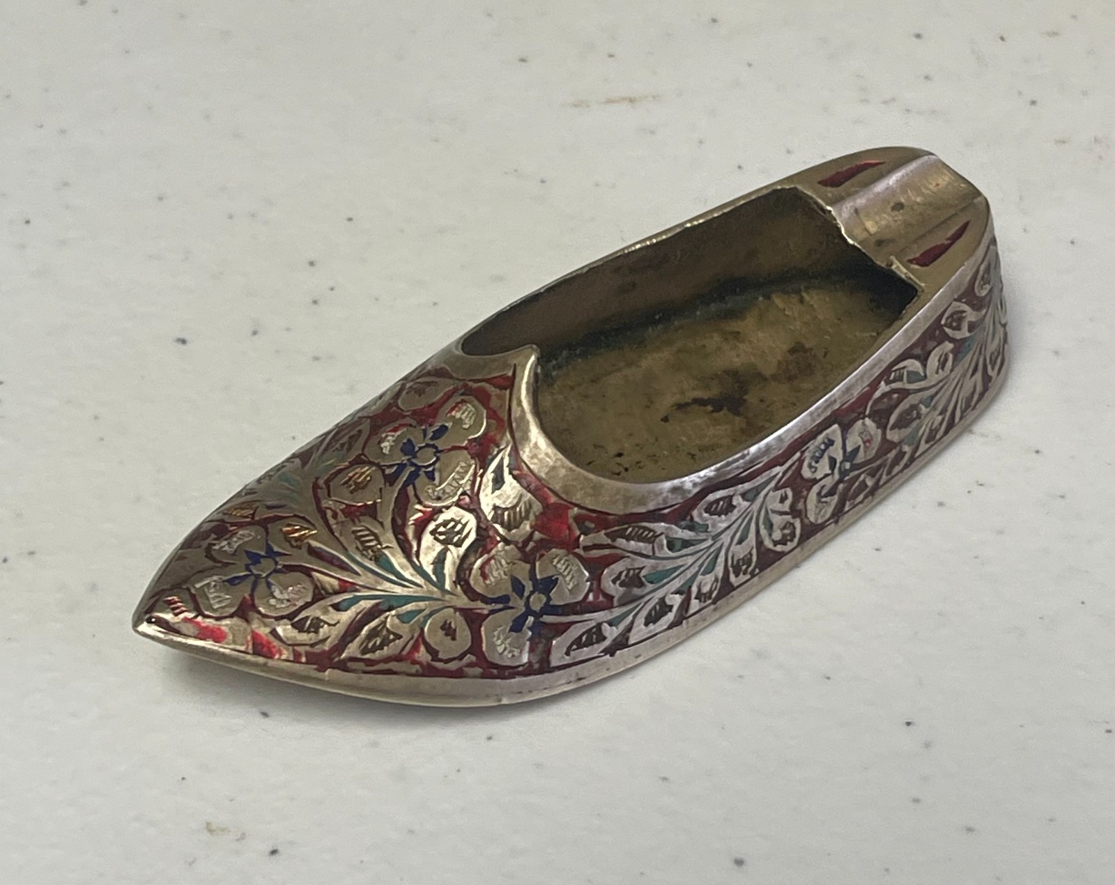 Made in India Metal Shoe-Shaped Floral Design  Ashtray Collectible