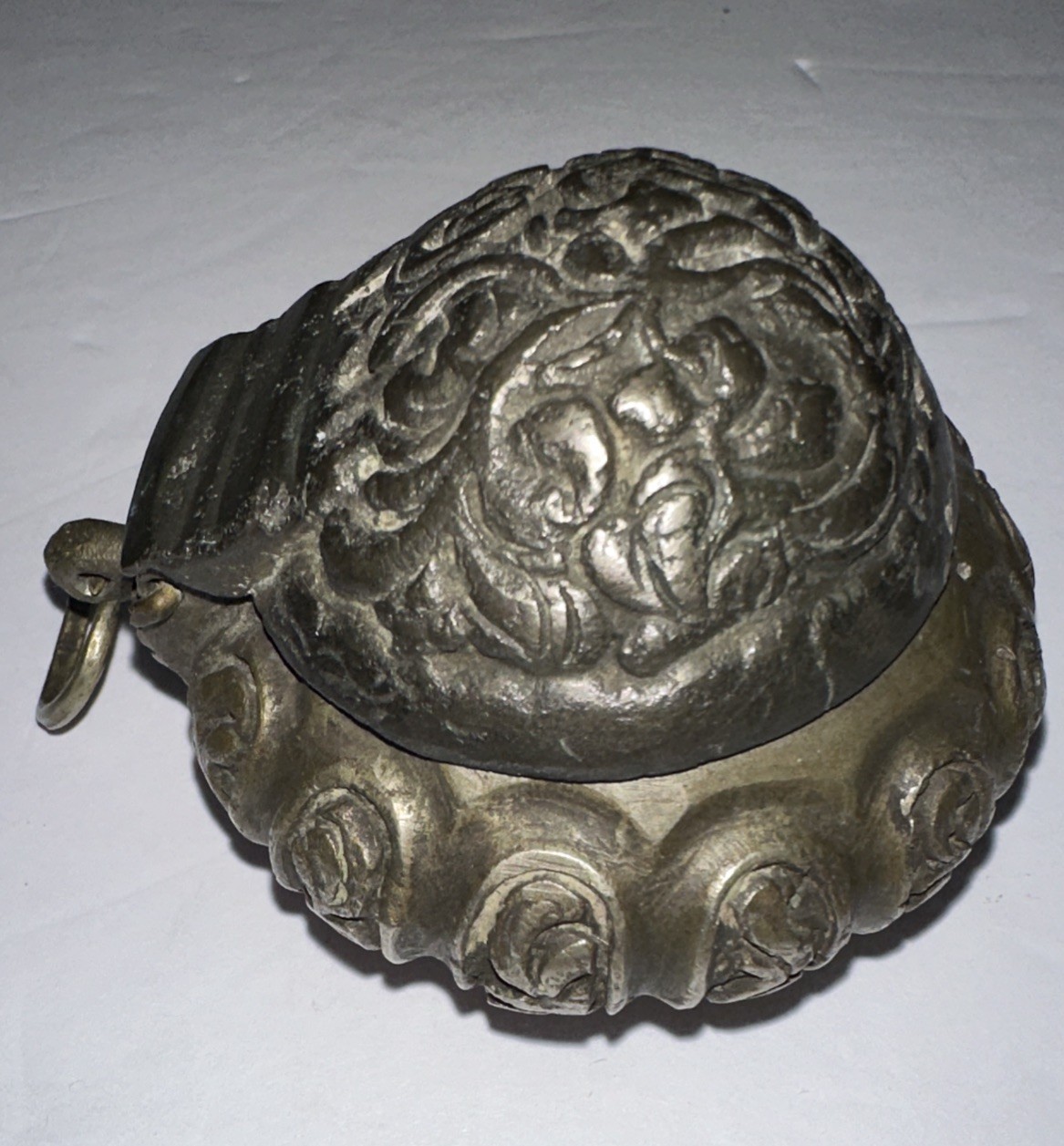 Antique Bronze Asian Trinket Box Spice Box Scroll Design with Hinged Lid 1.5” 