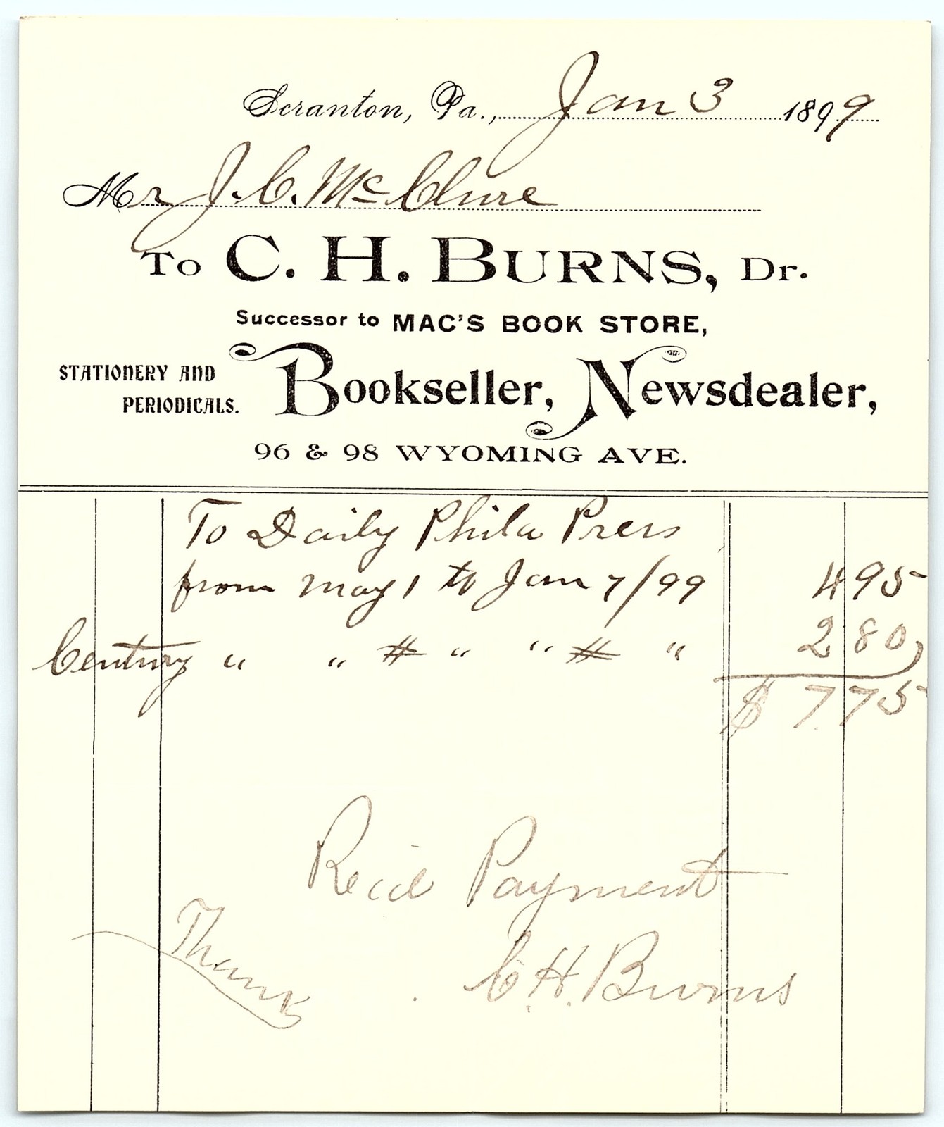 1899 C.H. Burns Bookseller/Newsdealer Scranton PA bill