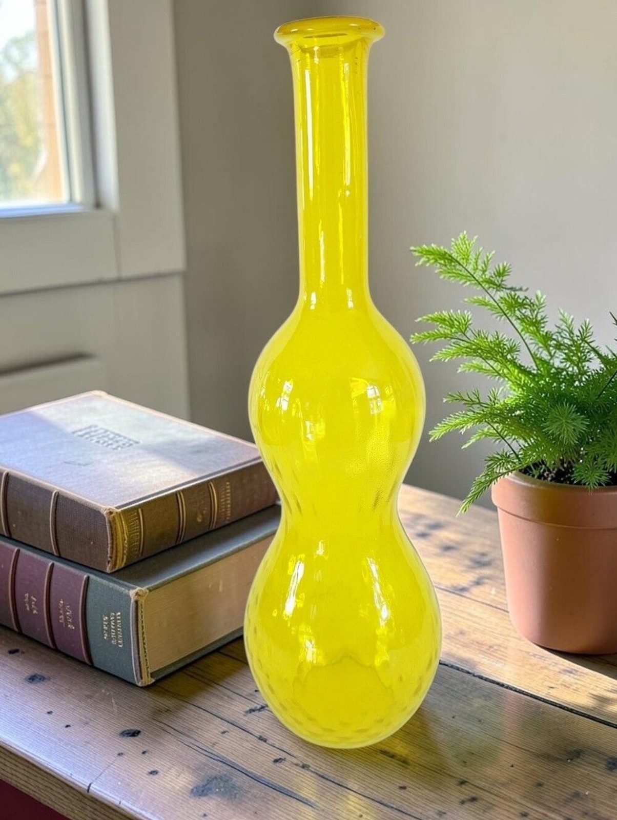 Vintage Italian Empoli Art Glass Yellow Gurgle Decanter Genie Bottle Large Vase