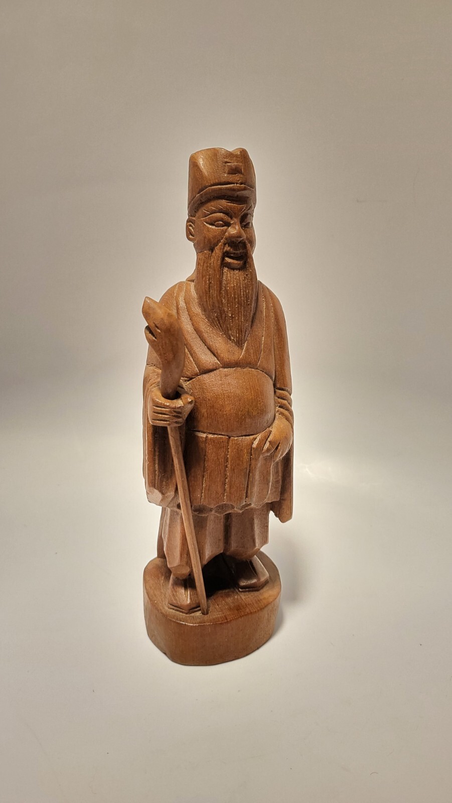 Vintage Carved Asian Man W/ Staff Wood Carving 10\
