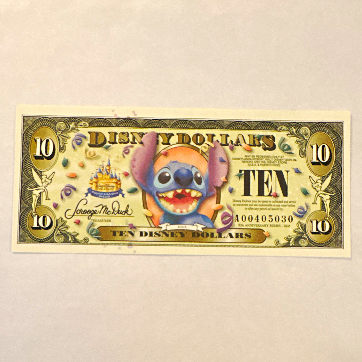Disney Lilo & Stitch $10 Disney Dollars Note, 50th Anniversary Series 2005