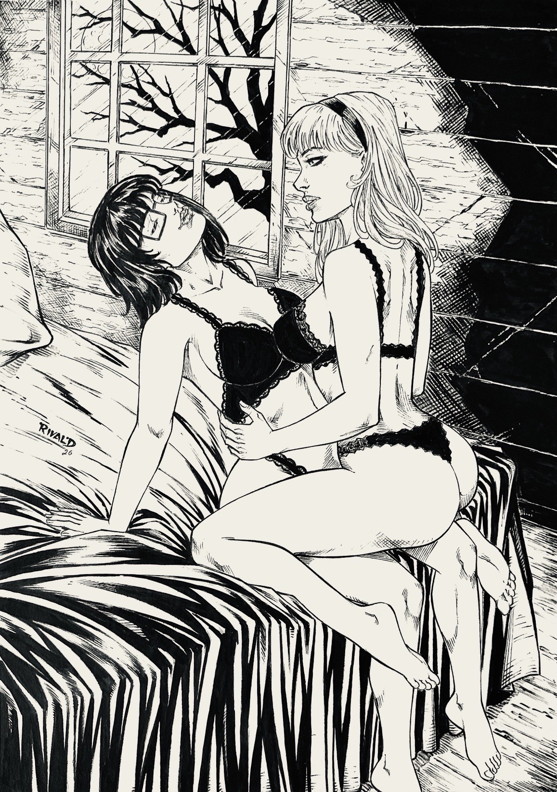 Velma & Daphne Fantasy - 11x17 Inked Original Art by Rivald w/COA - NOT a Print