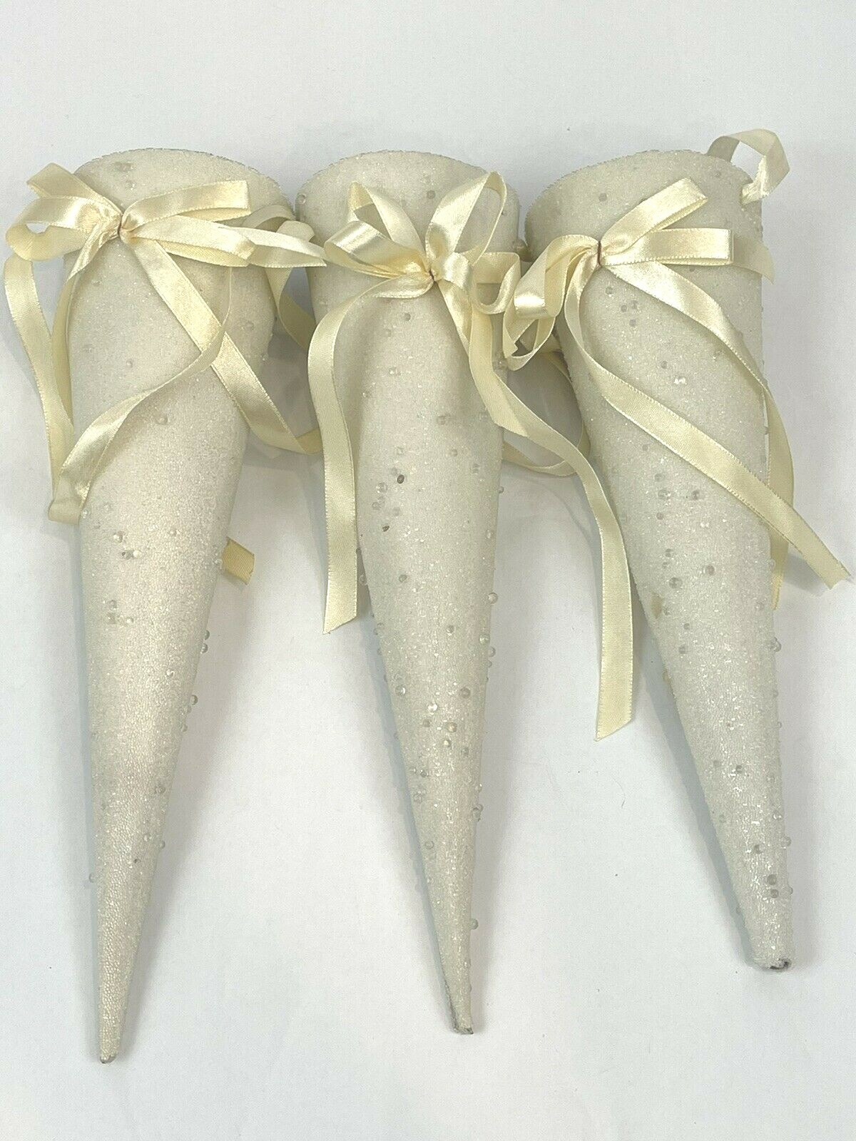 Vintage Christmas Candy Cone Ornaments Lot 3 White Sugared Hanging 10\