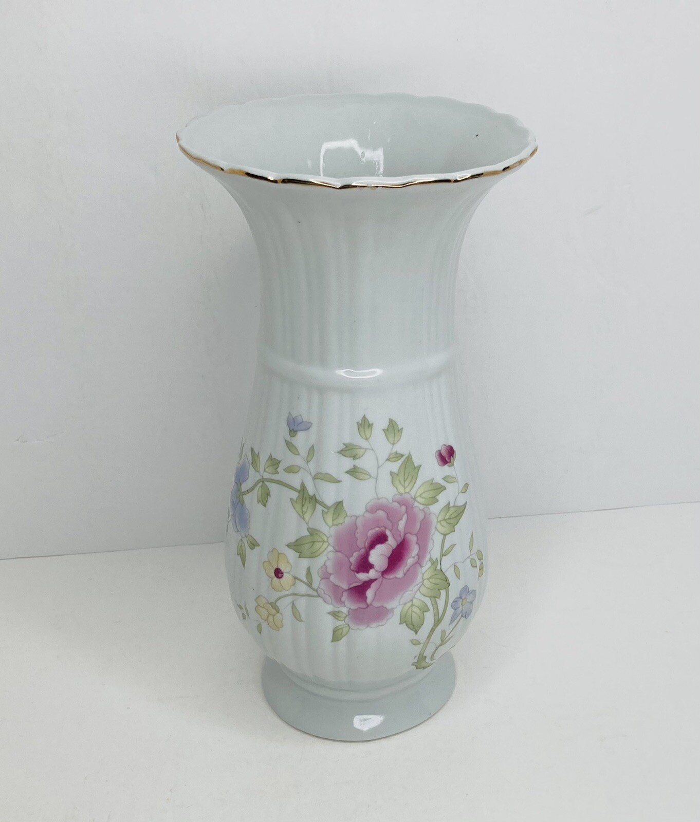 Tall Porcelain Vase Floral Flowers Pink Yellow Green 10\