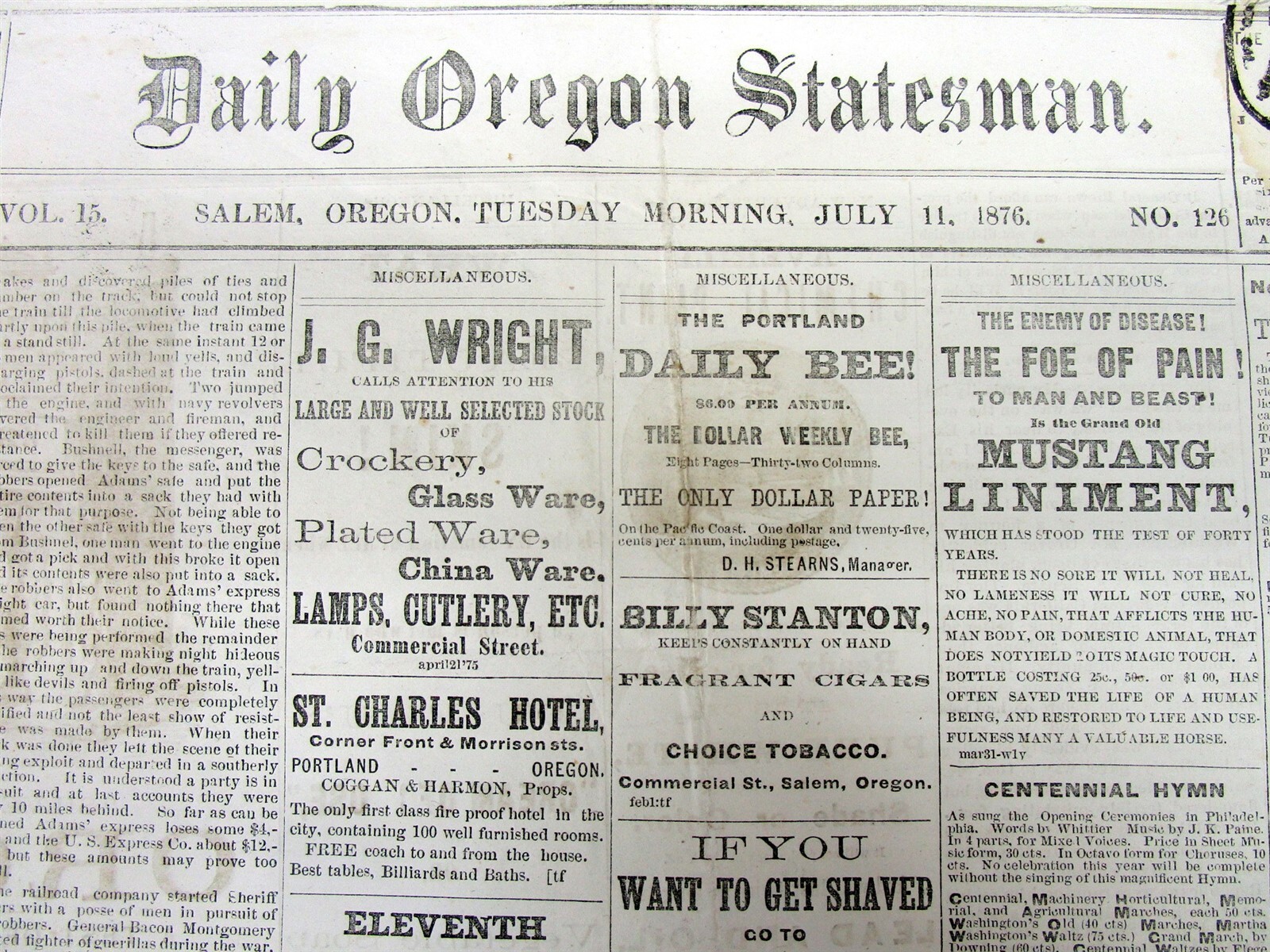Rare original 1876 SALEM Oregon newspaper JESSE JAMES RAILROAD ROBBERY + CUSTER