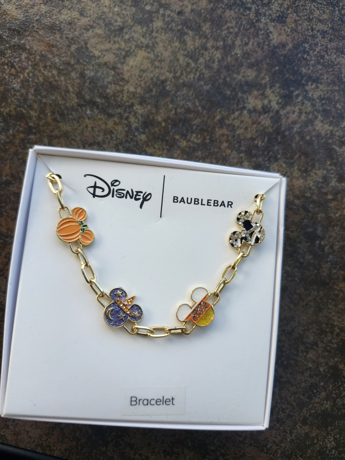 BaubleBar Disney Halloween Mickey pumpkin witch mummy charm bracelet gold
