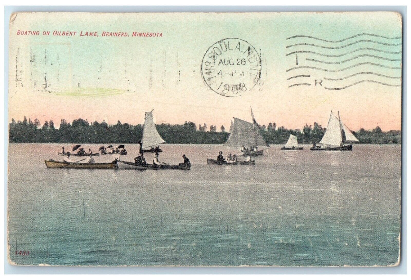 1908 Scenic View Boating Gilbert Lake Brainerd Minnesota Posted Vintage Postcard