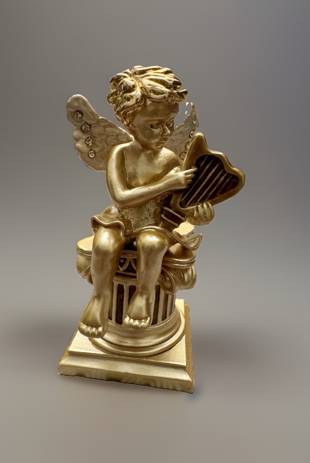 Vintage Golden Angel Playing Harp Hinged Trinket Box Heavy 3” Tall w Rhinestones