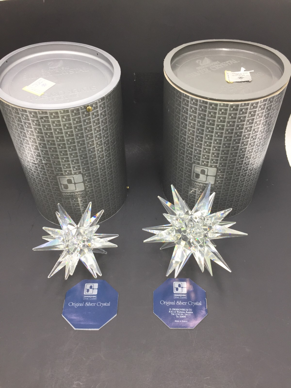 2 SWAROVSKI Crystal Star Burst Taper Candle Holders W/ Box,2 Sizes,Made Austria