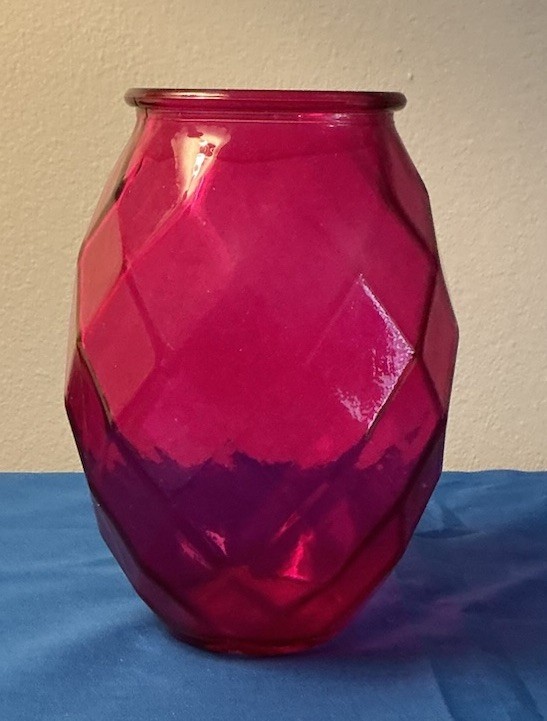 This Is A Six Inch Tall Rosy Red Glass Vase With Diamond Pattern On The Sides