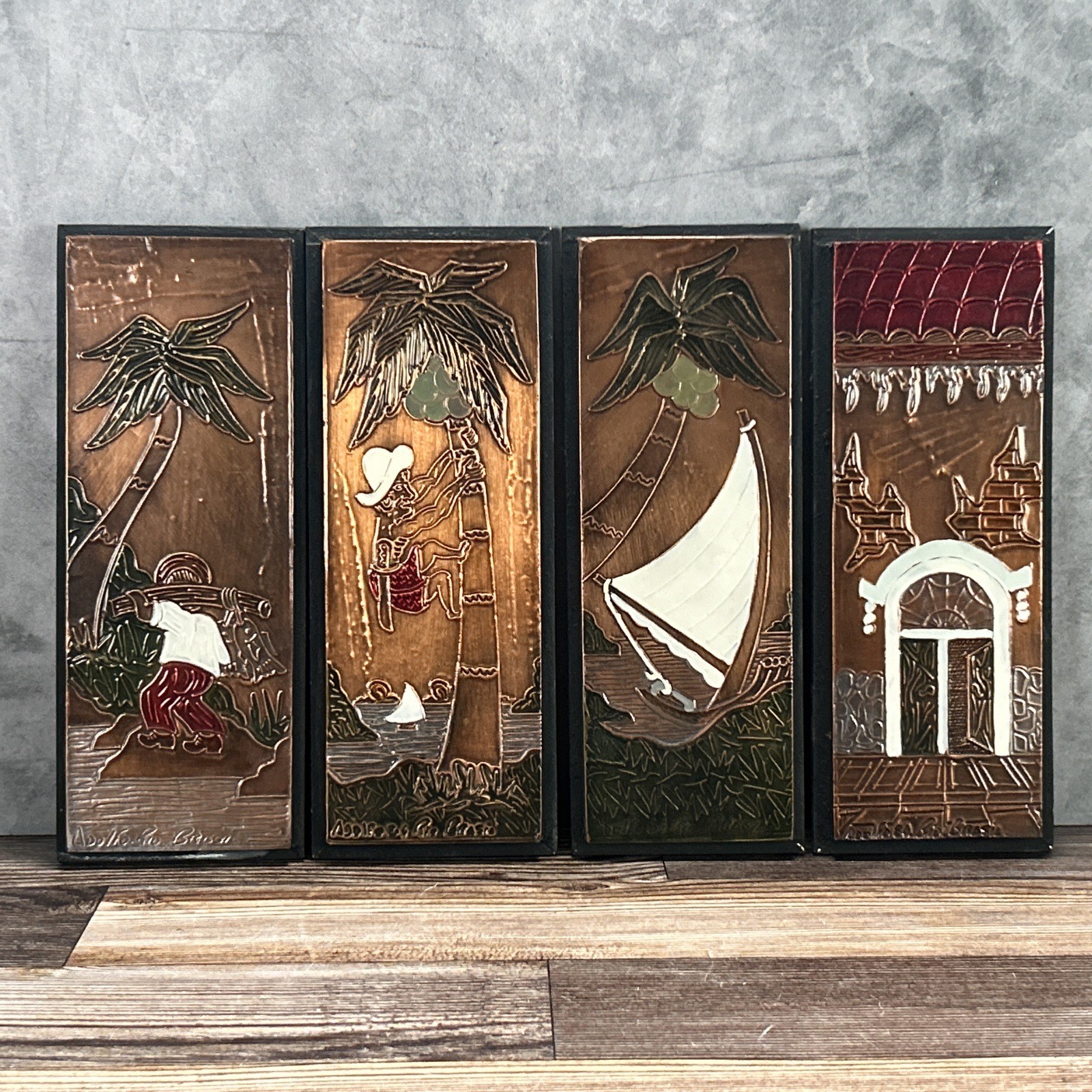 Vintage Adolfo Rio Brasil Copper Relief Wall Art Plaques Brazilian Folk Art 1970