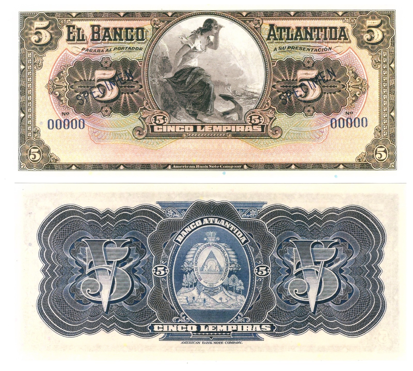 u Reproduction Note Honduras 5 Lempiras 1932 SPECIMEN Pick #S123s      0498R