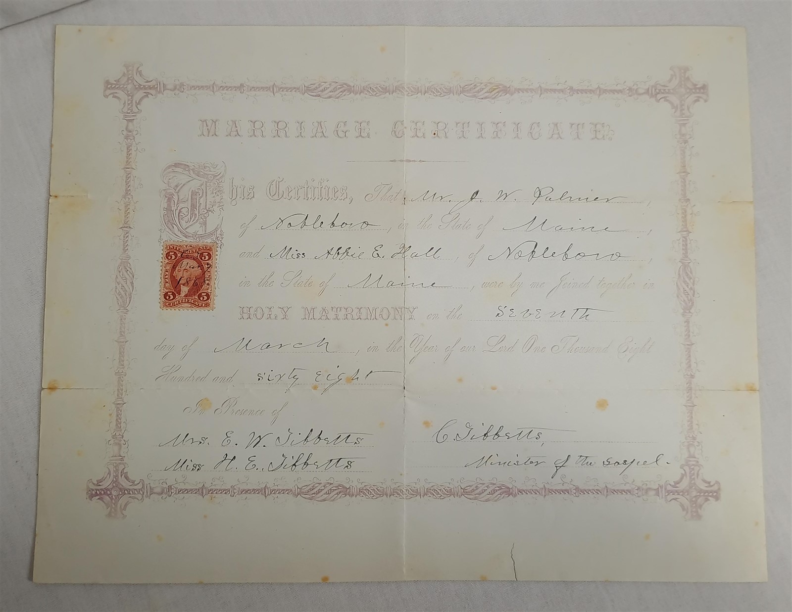 Vintage 1868 Maine Marriage Certificate with Inter Revenue Stamp Certificate 