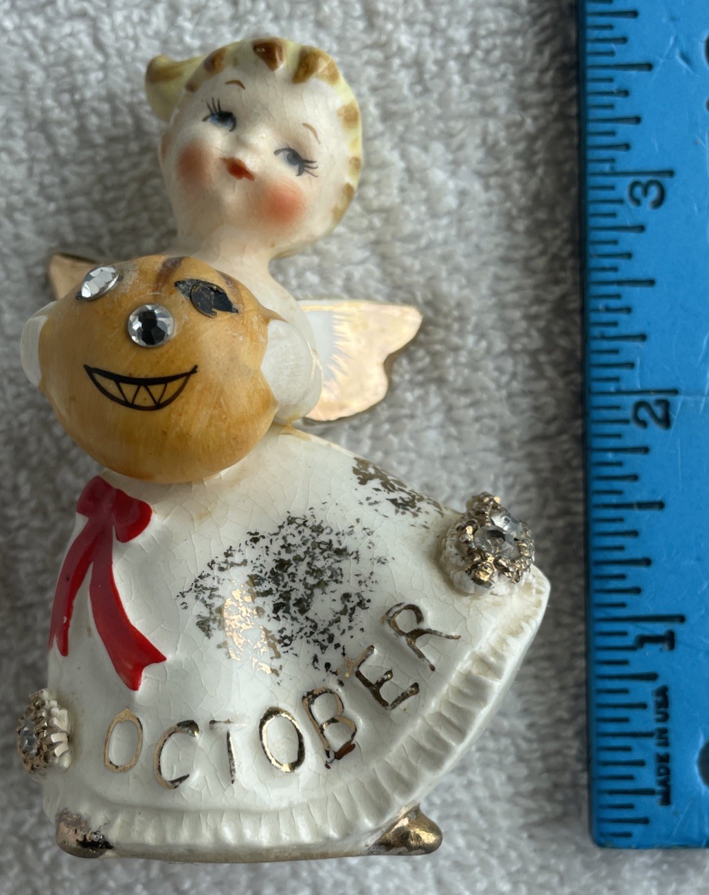 Vintage Lefton October Angel Pumpkin Jack o’Lantern Rhinestones GR