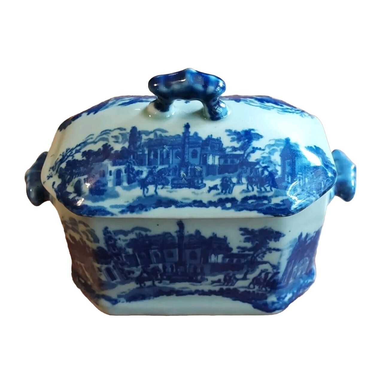 Antique Vintage Victoria Stoneware Blue Porcelain  Lidded Box