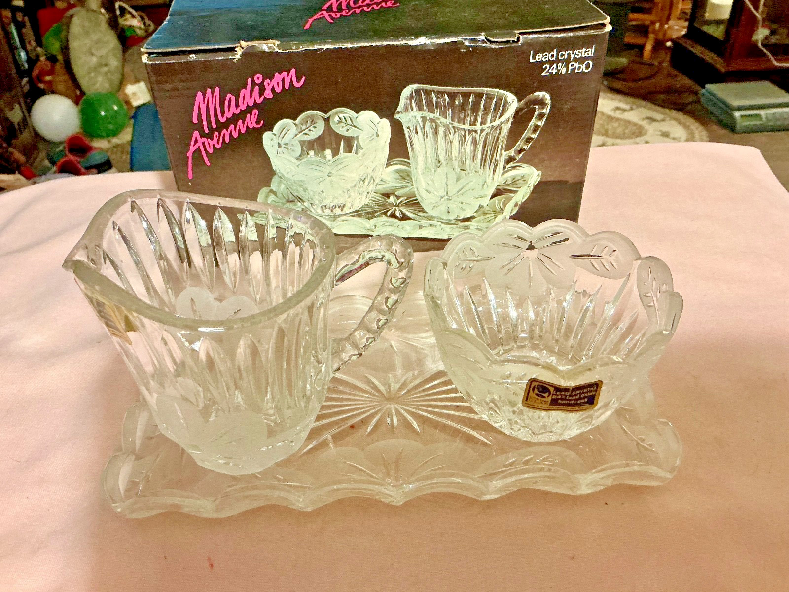 Hand Cut lead crystal sugar & creamer @ tray set new