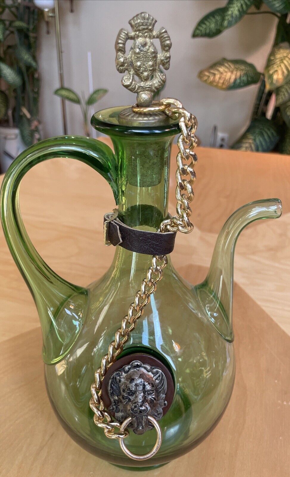 VTG Italian Wine Decanter Green Glass Brass Cork Lion Stopper w Ice Chamber