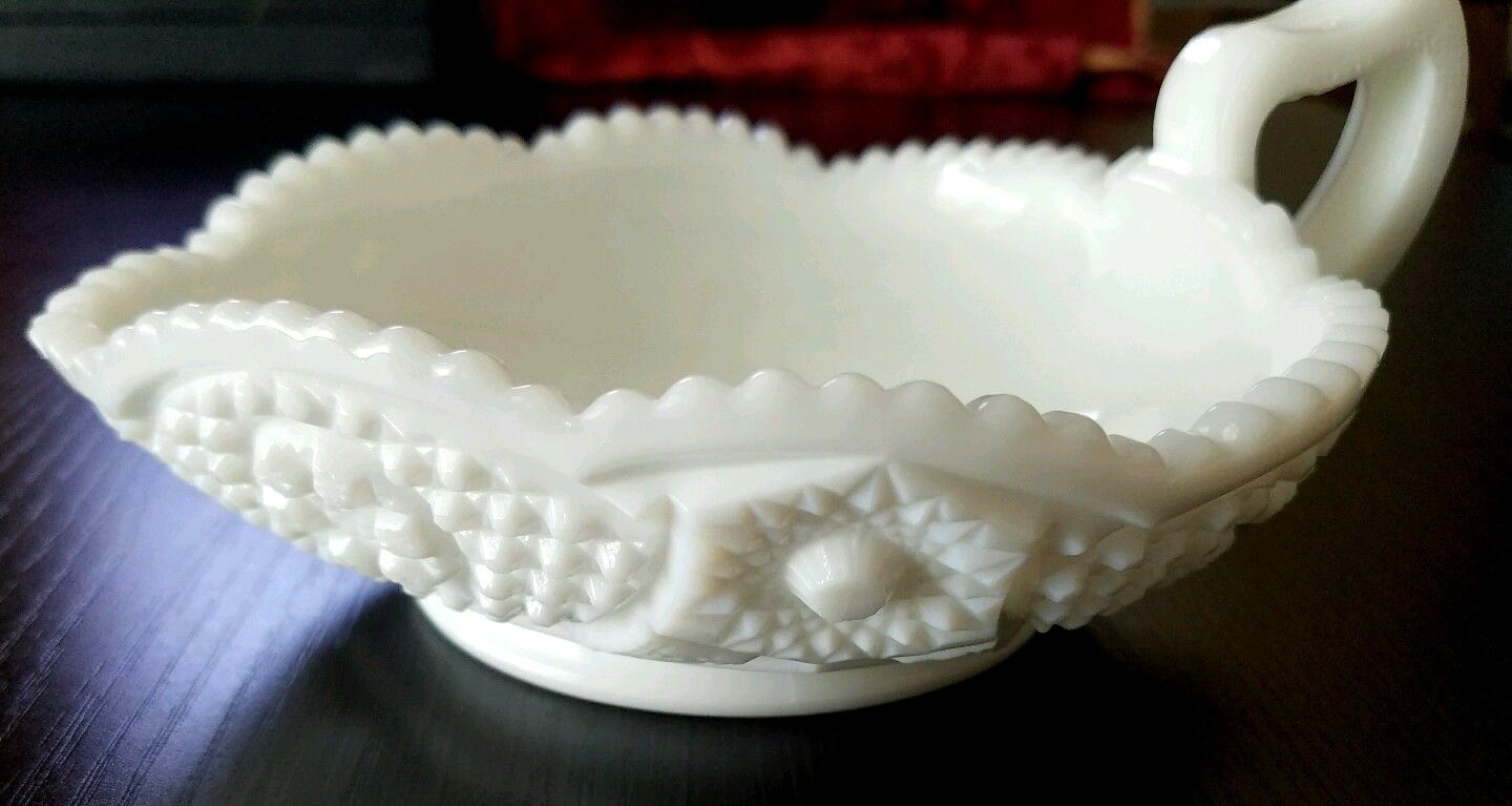 Vintage KEMPLE Triangle Milk Cream Candy Dish with Handle White Milk Glass