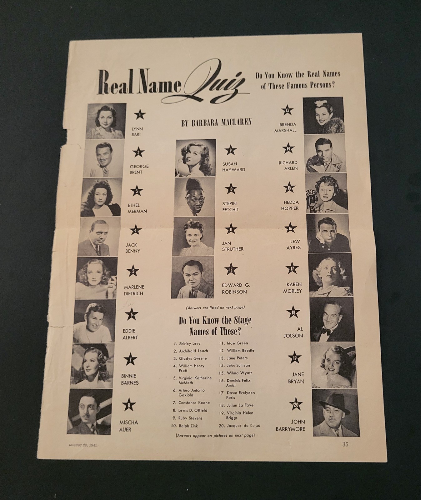 1941 MOVIE STARS STAGE NAMES QUIZ - One page - Unique Item - LOOK & READ