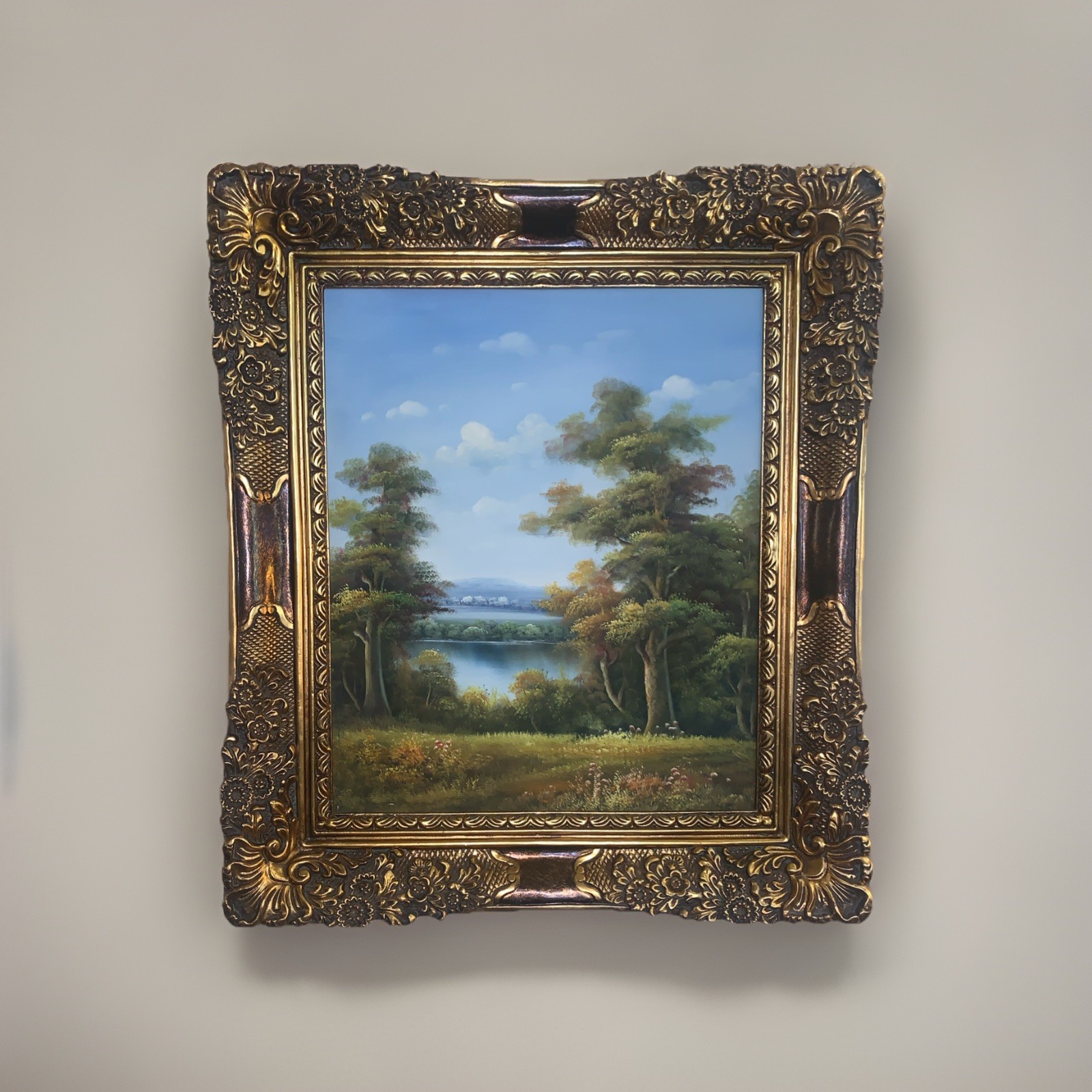 Ornate Large Frame & Hand Painted Oil On Canvas Nature, Painting Trees & Lake