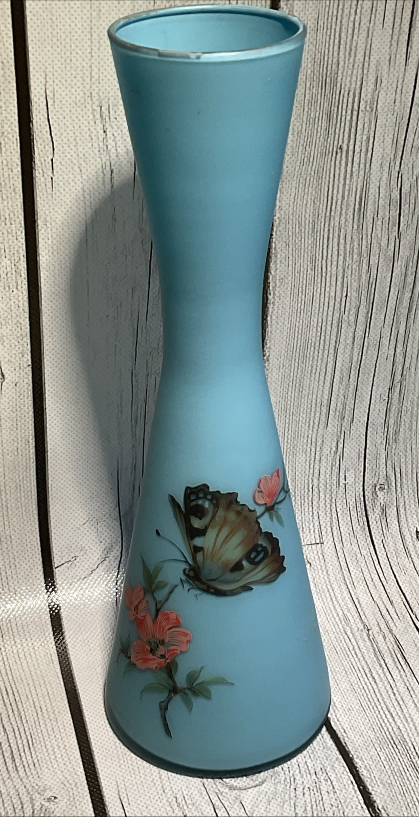Vintage Norleans Frosted Italy Art Glass Blue Floral & Butterfly Painted Vase