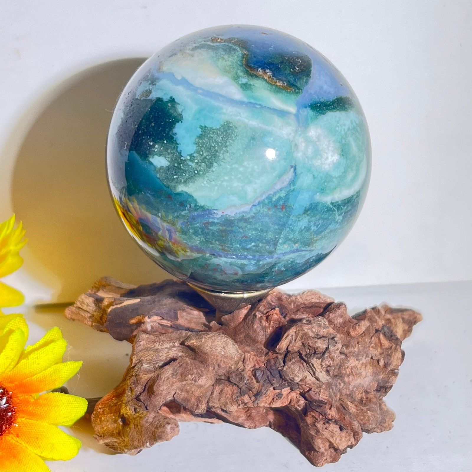 191g Natural Water Grass Agate Crystal Ball Quartz Energy Ball+Bracke