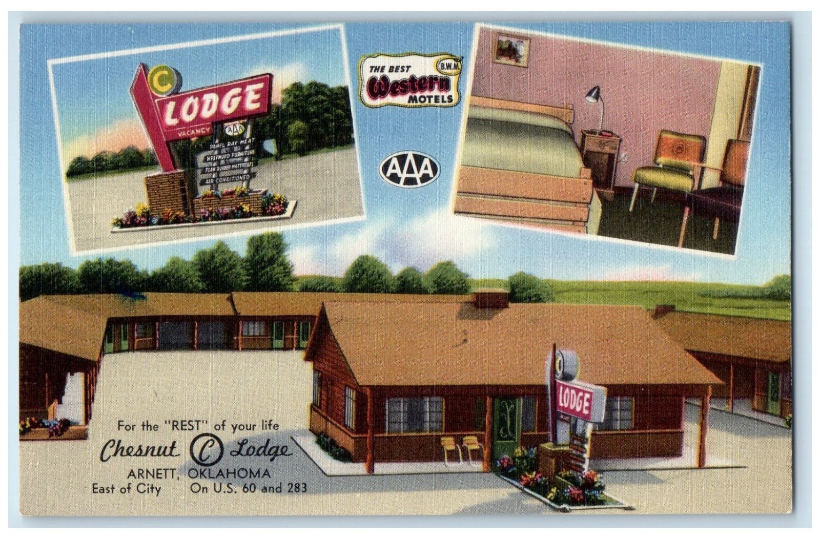 Arnett Oklahoma OK Postcard Chesnut Lodge Multiview Hotel Motel Exterior c1940 Arnett Oklahoma OK Postcard Chesnut Lodge Multiview Hotel Motel Exterior c1940