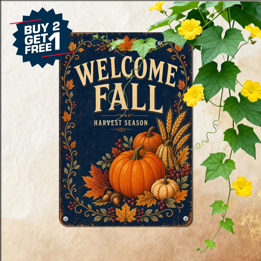 Welcome Fall Teal Pumpkins Gourds Autumn Art Plaque Retro Metal Tin Sign 8x12
