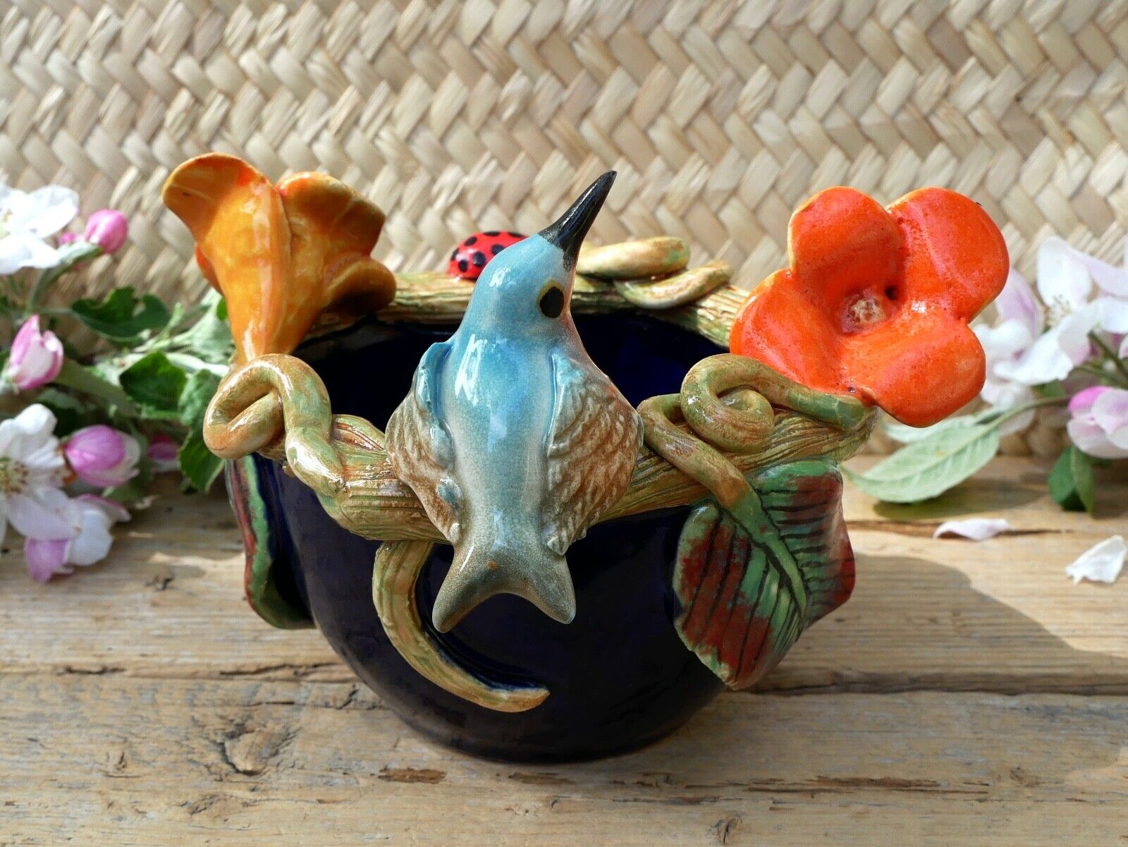 Blue Flower Pot with Hummingbird Ladybug flowers Handmade Tonala Mexico Folk Art