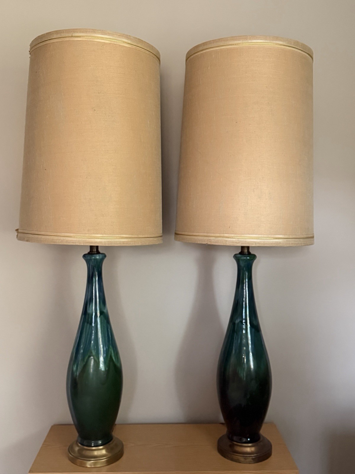 1960s Royal Haeger MCM Ceramic Extra Large Drip Glaze Lamps With Original Shades