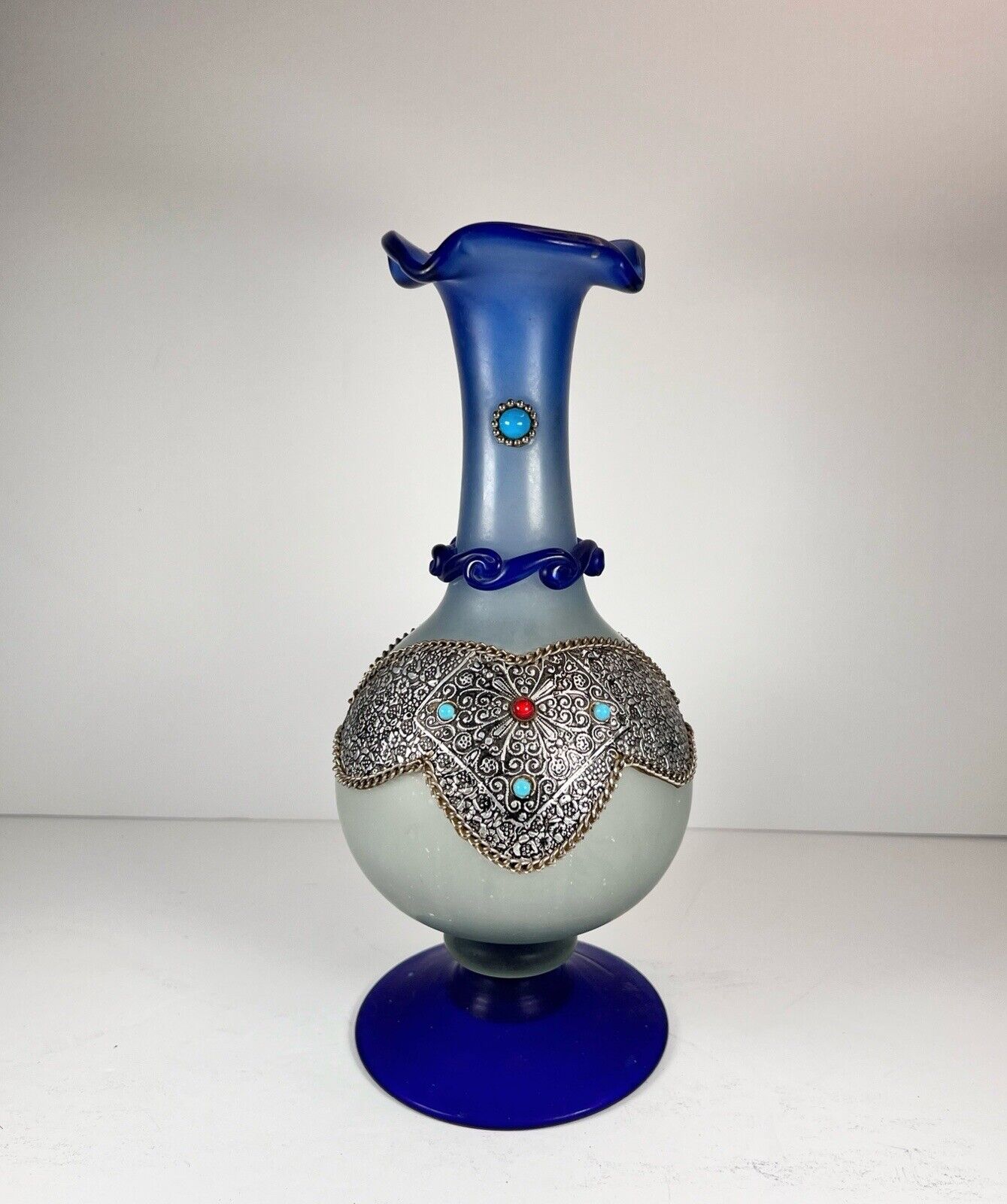 Vintage Colbalt Hand Blown Glass Vase With Silver Filigree And Turquoise Gems